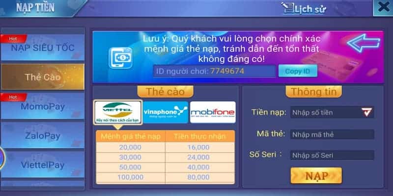 Sử dụng phương thức chuyển khoản ngân hàng khi Nạp tiền Good88